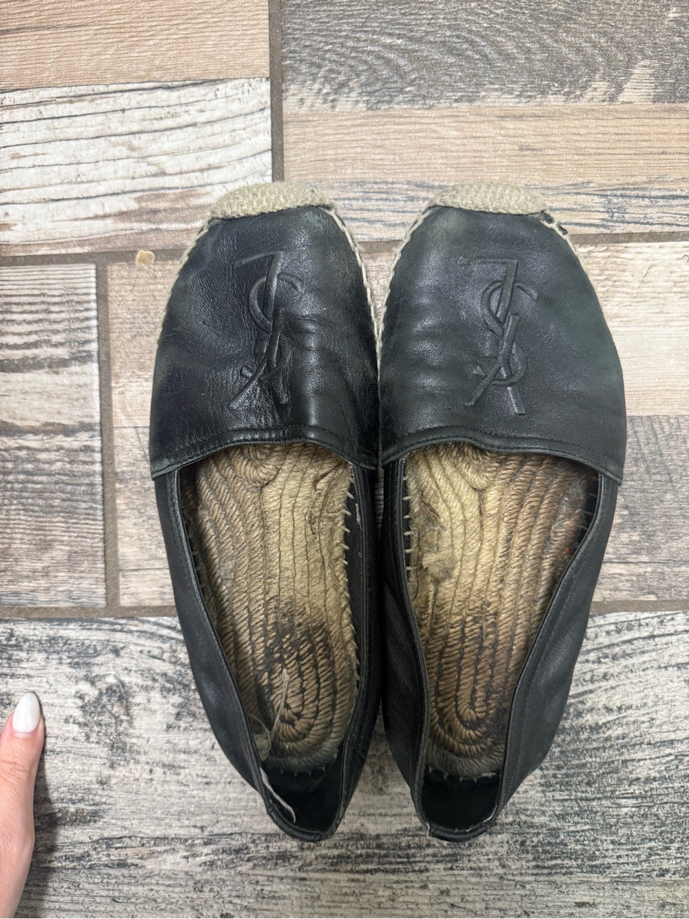Yves Saint Laurent Black Leather YSL Espadrille Flats